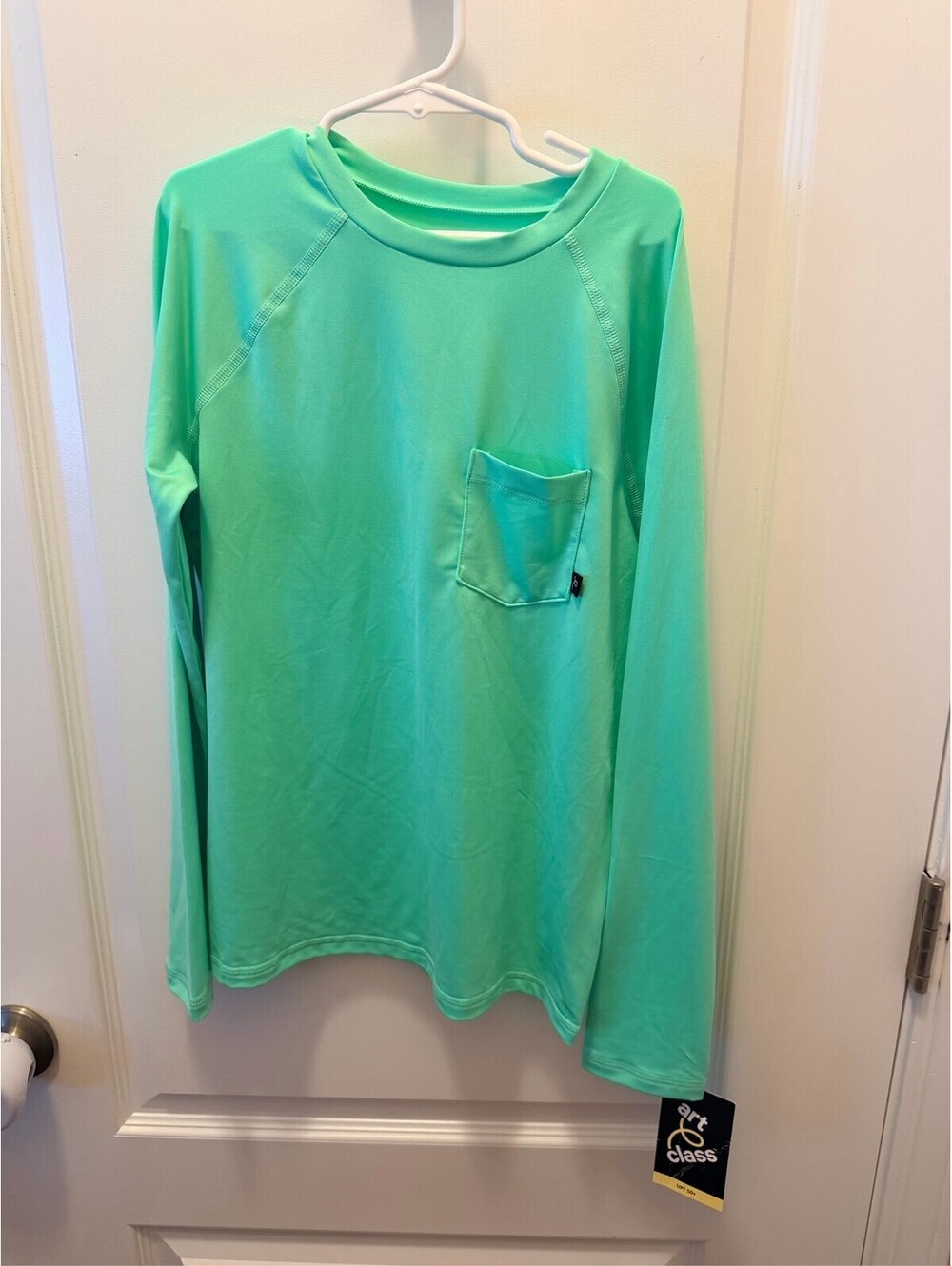 Art Class Kids Long Sleeve Pocket T-Shirt Bright Green Sz L super soft active